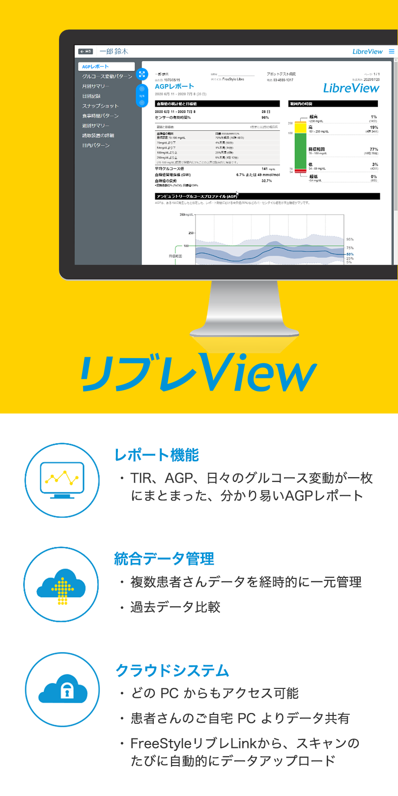 レポート機能：・TIR、AGP、日々のグルコース変動が一枚にまとまった、分かり易いAGPレポート 統合データ管理：・複数患者さんデータを経時的に一元管理・過去データ比較 クラウドシステム：・どのPCからもアクセス可能・患者さんのご自宅PCよりデータ共有・FreeStyleリブレLinkから、スキャンのたびに自動的にデータアップロード
