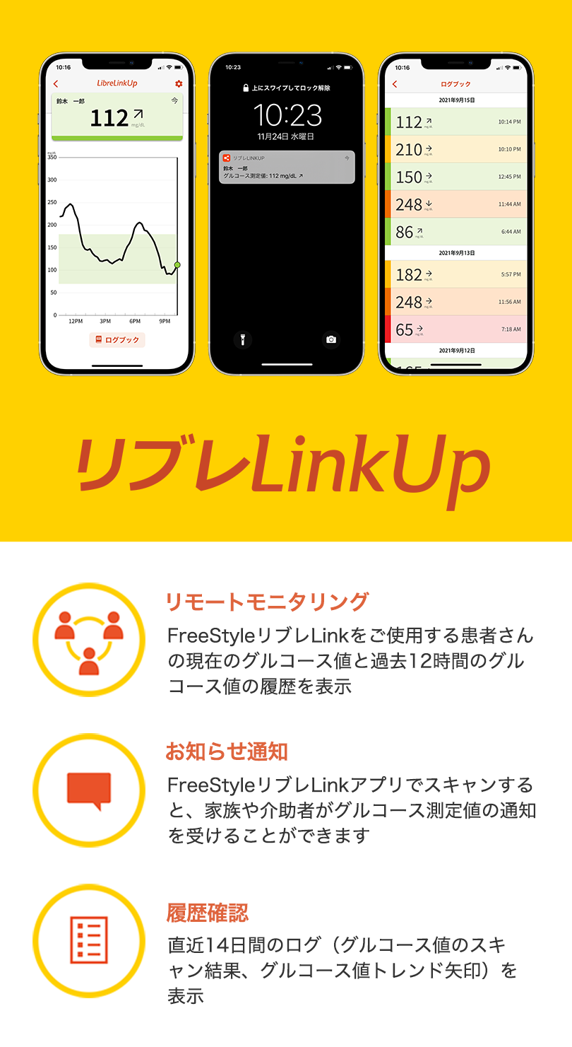 レポートモニタリング：FreeStyleリブレLinkをご使用する患者さんの現在のグルコース値と過去12時間のグルコース値の履歴を表示 お知らせ通知：FreeStyleリブレLinkアプリでスキャンすると、家族や介助者がグルコース測定値の通知を受けることができます 履歴確認：直近14日間のログ（グルコース値のスキャン結果、グルコース値トレンド矢印）を表示