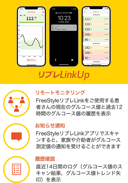 レポートモニタリング:FreeStyleリブレLinkをご使用する患者さんの現在のグルコース値と過去12時間のグルコース値の履歴を表示 お知らせ通知:FreeStyleリブレLinkアプリでスキャンすると、家族や介助者がグルコース測定値の通知を受けることができます 履歴確認:直近14日間のログ(グルコース値のスキャン結果、グルコース値トレンド矢印)を表示