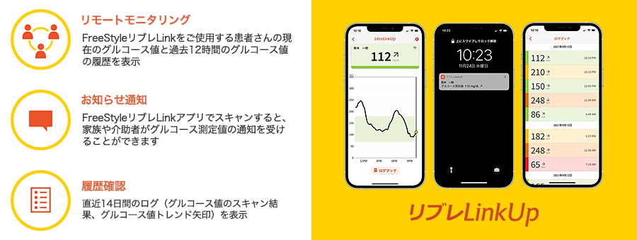 レポートモニタリング:FreeStyleリブレLinkをご使用する患者さんの現在のグルコース値と過去12時間のグルコース値の履歴を表示 お知らせ通知:FreeStyleリブレLinkアプリでスキャンすると、家族や介助者がグルコース測定値の通知を受けることができます 履歴確認:直近14日間のログ(グルコース値のスキャン結果、グルコース値トレンド矢印)を表示